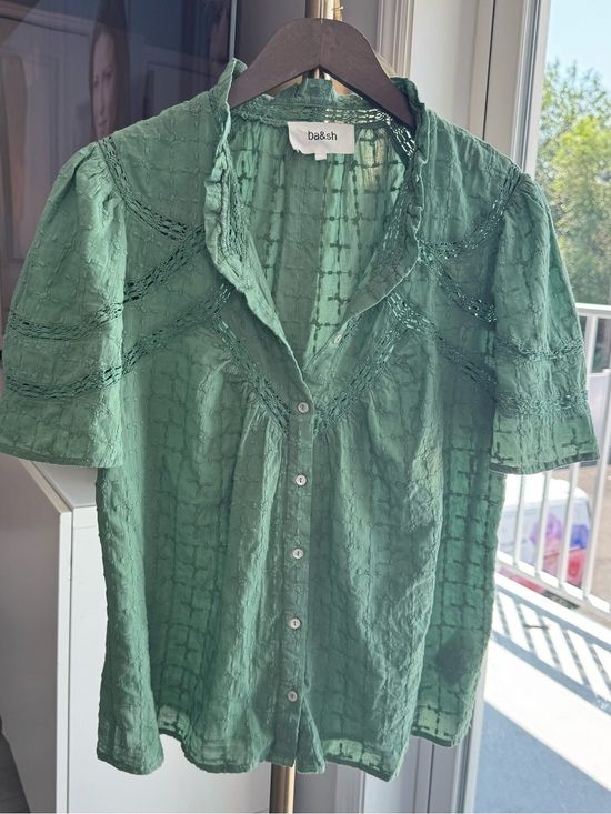 ba&sh Tops - ba&sh Baria Blouse in Green Lace Trim Eyelet Puff Sleeve | 1